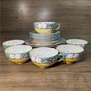 18 Piece Vintage Tea set Yellow Blue Grey Lusterware by Takito TT Japan